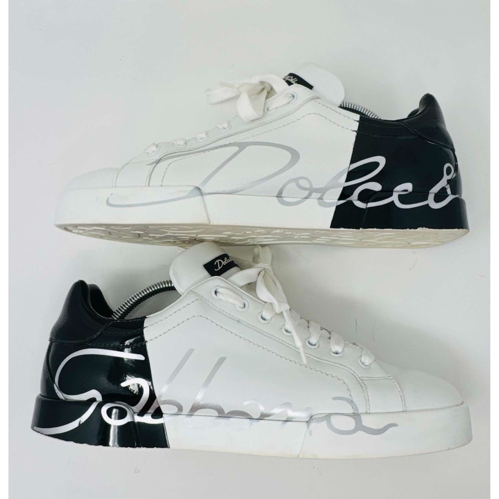 Dolce & Gabbana Portofino Logo Leather Sneakers White Black Men's 9 CS1600 Luxe